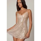 Embellished V-neck Lace Mini Dress in Pale Peach