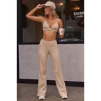 Soft Rib High Waist Fold Over Trousers in Beige Sand