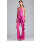 Metallic Ruffle Low-Rise Flared Trousers in Bubblegum Pink